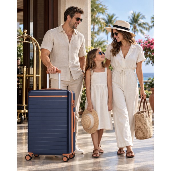 KSK2584 - Kono Scratch-Resistant 3-Piece Hard Shell Luggage Set with Horizontal Stripe Design, Brown Accents & Spinner Wheels - Navy and Brown