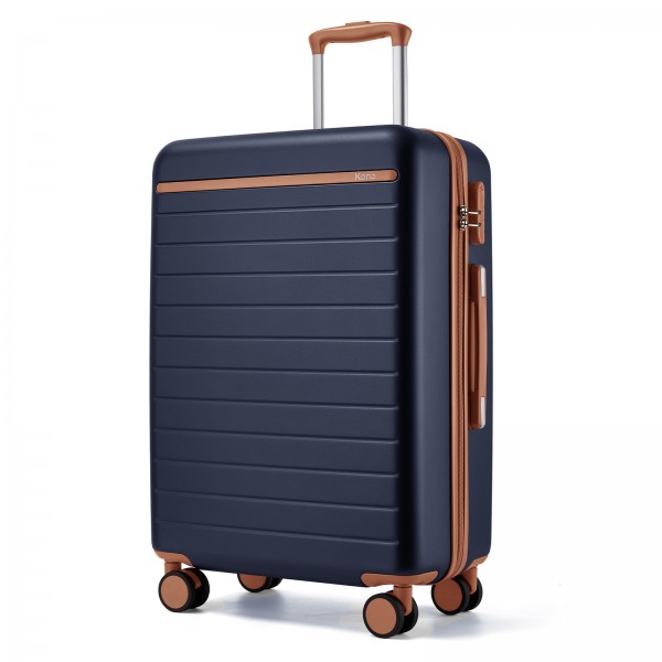 KSK2584 - Kono Kratzfeste 24-Zoll Hartschalen-Mittelgepäck mit horizontalem Streifenmuster, braunen Akzenten und Spinner-Rädern - Marineblau und Braun