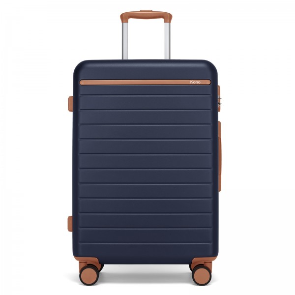 KSK2584 - Kono Kratzfeste 24-Zoll Hartschalen-Mittelgepäck mit horizontalem Streifenmuster, braunen Akzenten und Spinner-Rädern - Marineblau und Braun