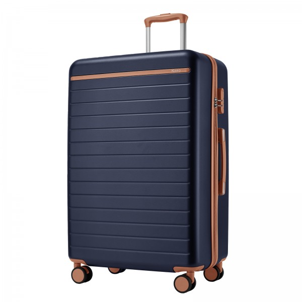 KSK2584 - Kono Scratch-Resistant 28-Inch Large Hard Shell Suitcase with Horizontal Stripe Design, Brown Accents & Spinner Wheels - Navy and Brown