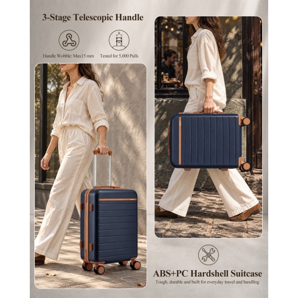KSK2584 - Kono Scratch-Resistant 28-Inch Large Hard Shell Suitcase with Horizontal Stripe Design, Brown Accents & Spinner Wheels - Navy and Brown