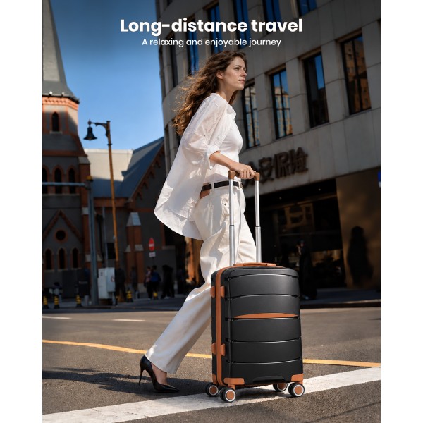 KSK2591 - Kono 20/24/28 inch PP Modern Scratch-Resistant Suitcase Set with TSA Lock & Stylish Brown Accents - Black and Brown