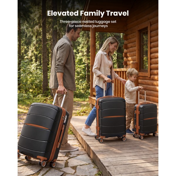 KSK2591 - Kono 20/24/28 inch PP Modern Scratch-Resistant Suitcase Set with TSA Lock & Stylish Brown Accents - Black and Brown