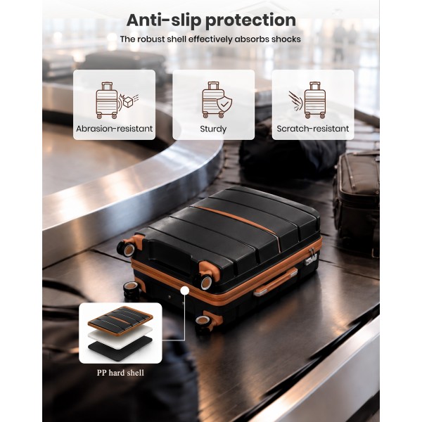 KSK2591 - Kono 20/24/28 inch PP Modern Scratch-Resistant Suitcase Set with TSA Lock & Stylish Brown Accents - Black and Brown KSK2591 - Kono 20/24/28 inch PP Modern Scratch-Resistant Suitcase Set with TSA Lock & Stylish Brown Accents - Black and Brown
