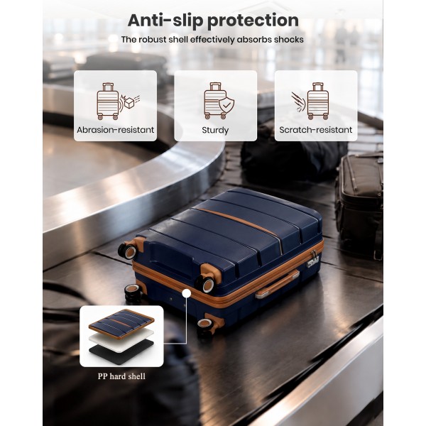 KSK2591 - Kono 20-Inch PP Modern Scratch-Resistant Cabin Suitcase with TSA Lock & Stylish Brown Accents - Navy and Brown
