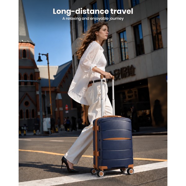 KSK2591 - Kono 20/24/28 inch PP Modern Scratch-Resistant Suitcase Set with TSA Lock & Stylish Brown Accents - Navy and Brown