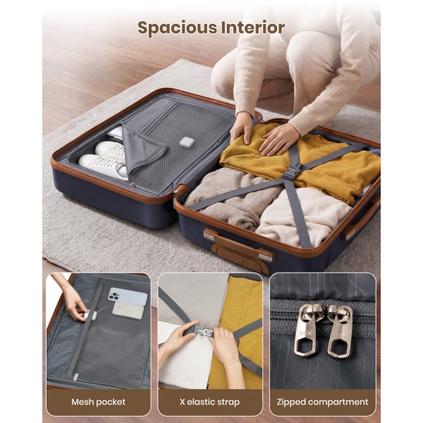 KSK2591 - Kono 20-Inch PP Modern Scratch-Resistant Cabin Suitcase with TSA Lock & Stylish Brown Accents - Navy and Brown
