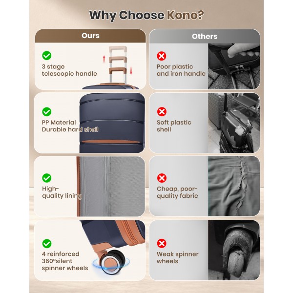 KSK2591 - Kono 20-Inch PP Modern Scratch-Resistant Cabin Suitcase with TSA Lock & Stylish Brown Accents - Navy and Brown