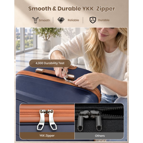 KSK2591 - Kono 20-Inch PP Modern Scratch-Resistant Cabin Suitcase with TSA Lock & Stylish Brown Accents - Navy and Brown