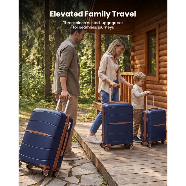 KSK2591 - Kono 20/24/28 inch PP Modern Scratch-Resistant Suitcase Set with TSA Lock & Stylish Brown Accents - Navy and Brown