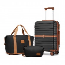 KSK2592+EA2212 - Kono 20 Zoll ABS+PC Hartschalen‑Kabinenkoffer‑Set mit Reisetasche & Kulturbeutel ‑ Schwarz und Braun