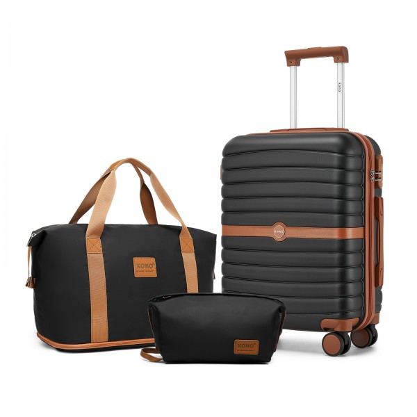 KSK2592+EA2212 - Kono 20 Inch ABS+PC Hard Shell Cabin Suitcase Set with Travel Bag & Toiletry Pouch - Black and Brown