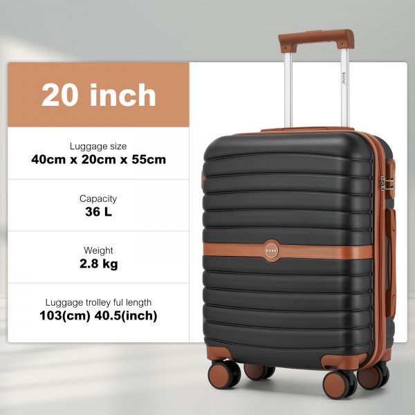 KSK2592+TVK2521 - Kono 20 Zoll ABS+PC Kabinenkoffer mit Reisetasche, Handgepäck‑Set‑ Schwarz‑und‑braun