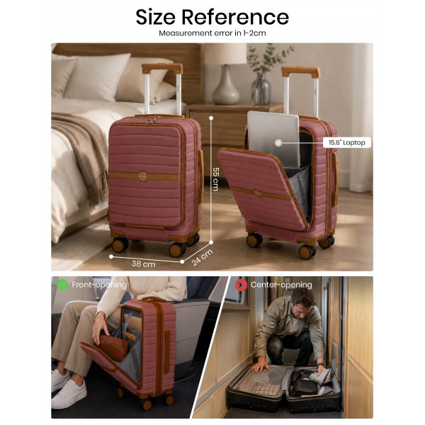 KSK2592 - Kono 21-Inch Front-Opening Cabin Suitcase with 15.6-Inch Laptop Compartment - Burgundy and Brown