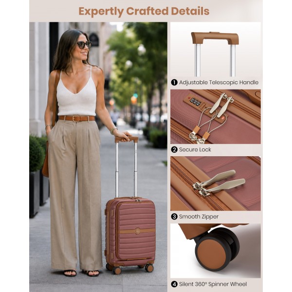 KSK2592 - Kono 21-Inch Front-Opening Cabin Suitcase with 15.6-Inch Laptop Compartment - Burgundy and Brown
