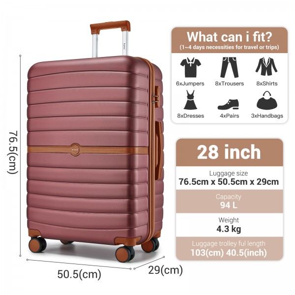 KSK2592 - Kono ABS+PC 28-Inch Striped Design with Colour-Block Details Large Checked Luggage for Longer Travels - Burgundy and Brown