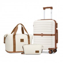 KSK2592+EA2212 - Kono 20 Zoll ABS+PC Hartschalen‑Kabinenkoffer‑Set mit Reisetasche & Kulturbeutel ‑ Creme‑und‑braun