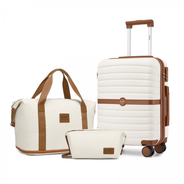 KSK2592+EA2212 - Kono 20 Inch ABS+PC Hard Shell Cabin Suitcase Set with Travel Bag & Toiletry Pouch - Cream and Brown