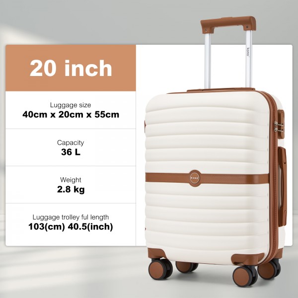 KSK2592+EA2212 - Kono 20 Inch ABS+PC Hard Shell Cabin Suitcase Set with Travel Bag & Toiletry Pouch - Cream and Brown