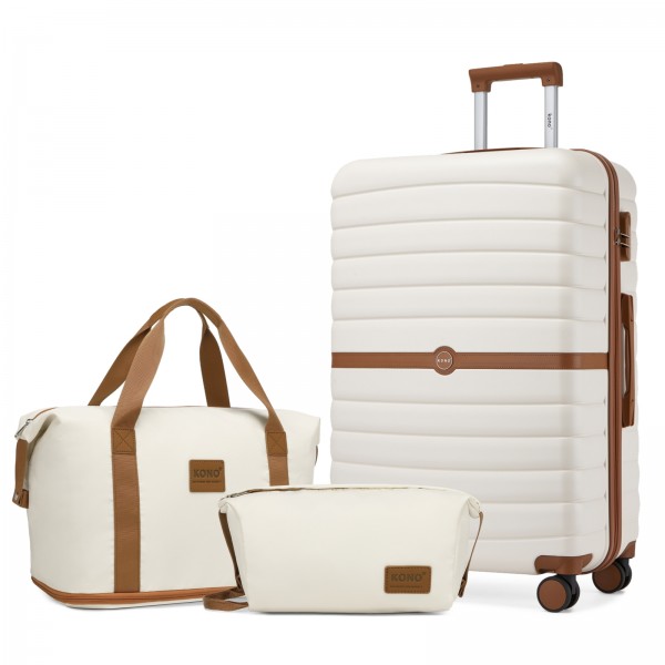 KSK2592+EA2212 - Kono 28 Inch Large ABS+PC Hard Shell Suitcase Set with Travel Bag & Toiletry Pouch - Cream and Brown