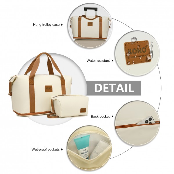KSK2592+EA2212 - Kono 3‑teiliges ABS+PC‑Koffers‑Set mit Reisetasche & Kulturbeutel ‑ Creme Und Braun