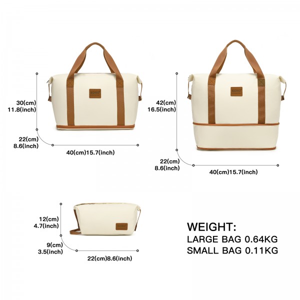 KSK2592+EA2212 - Kono 3‑teiliges ABS+PC‑Koffers‑Set mit Reisetasche & Kulturbeutel ‑ Creme Und Braun