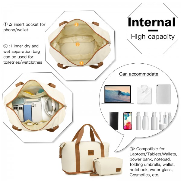 KSK2592+EA2212 - Kono 3‑teiliges ABS+PC‑Koffers‑Set mit Reisetasche & Kulturbeutel ‑ Creme Und Braun