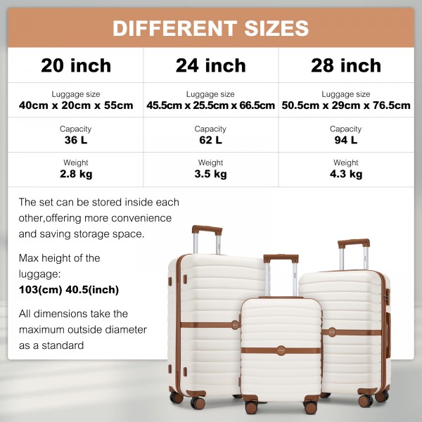 KSK2592+EA2212 - Kono 3‑teiliges ABS+PC‑Koffers‑Set mit Reisetasche & Kulturbeutel ‑ Creme Und Braun