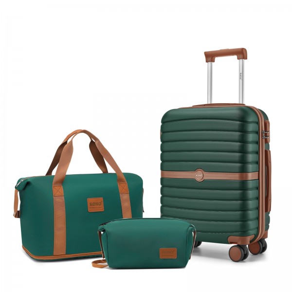 KSK2592+EA2212 - Kono 20 Inch ABS+PC Hard Shell Cabin Suitcase Set with Travel Bag & Toiletry Pouch - Dark Green and Brown
