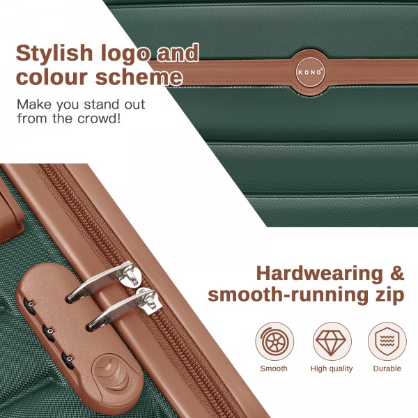 KSK2592+EA2212 - Kono 20 Inch ABS+PC Hard Shell Cabin Suitcase Set with Travel Bag & Toiletry Pouch - Dark Green and Brown