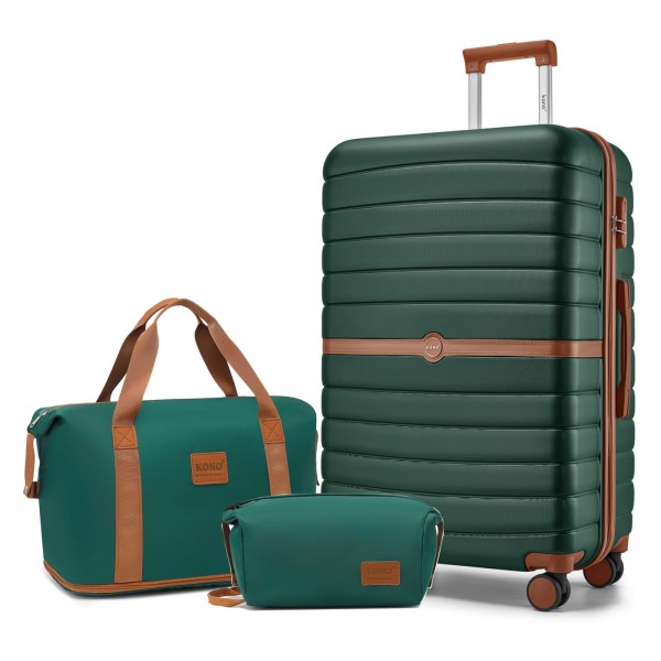 KSK2592+EA2212 - Kono 28 Inch Large ABS+PC Hard Shell Suitcase Set with Travel Bag & Toiletry Pouch - Dark Green and Brown