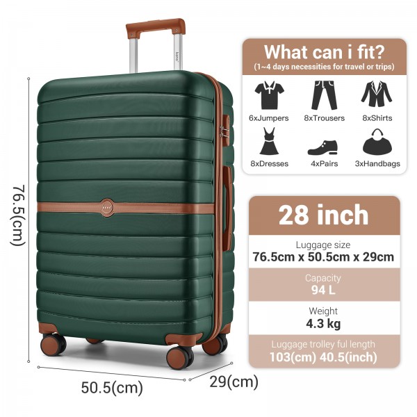 KSK2592+EA2212 - Kono 28 Inch Large ABS+PC Hard Shell Suitcase Set with Travel Bag & Toiletry Pouch - Dark Green and Brown
