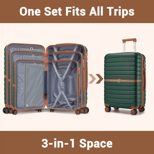 KSK2592+EA2212 - Kono 3‑teiliges ABS+PC‑Koffers‑Set mit Reisetasche & Kulturbeutel ‑ Dunkelgrün und braun