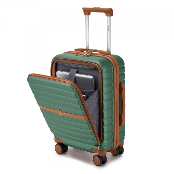 KSK2592 - Kono 21-Inch Front-Opening Cabin Suitcase with 15.6-Inch Laptop Compartment - Green and Brown