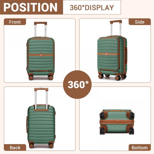 KSK2592 - Kono 21-Inch Front-Opening Cabin Suitcase with 15.6-Inch Laptop Compartment - Green and Brown