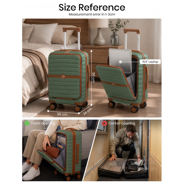 KSK2592 - Kono 21-Inch Front-Opening Cabin Suitcase with 15.6-Inch Laptop Compartment - Green and Brown