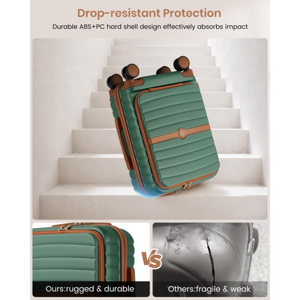 KSK2592 - Kono 21-Inch Front-Opening Cabin Suitcase with 15.6-Inch Laptop Compartment - Green and Brown