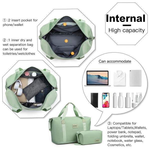 KSK2592+EA2212 - Kono 3‑teiliges ABS+PC‑Koffers‑Set mit Reisetasche & Kulturbeutel ‑ Grün und braun