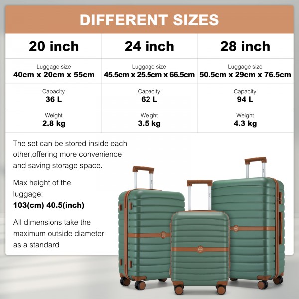 KSK2592+EA2212 - Kono 3‑teiliges ABS+PC‑Koffers‑Set mit Reisetasche & Kulturbeutel ‑ Grün und braun