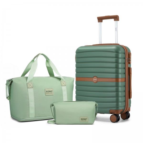 KSK2592+EA2212 - Kono 20 Inch ABS+PC Hard Shell Cabin Suitcase Set with Travel Bag & Toiletry Pouch - Green and Brown