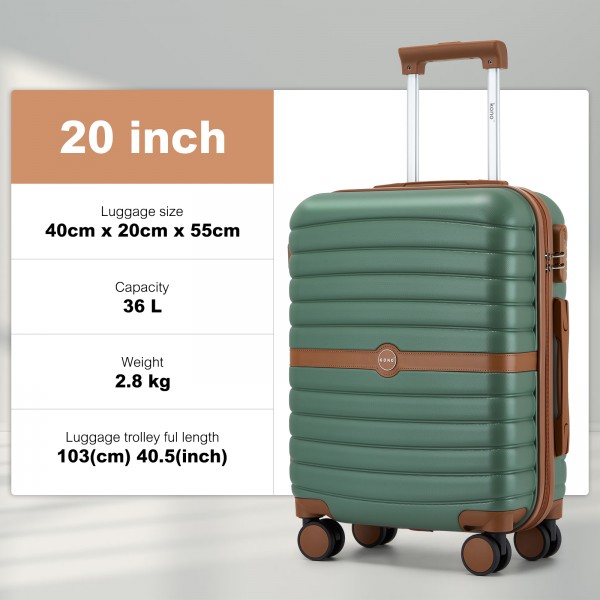 KSK2592+EA2212 - Kono 20 Inch ABS+PC Hard Shell Cabin Suitcase Set with Travel Bag & Toiletry Pouch - Green and Brown