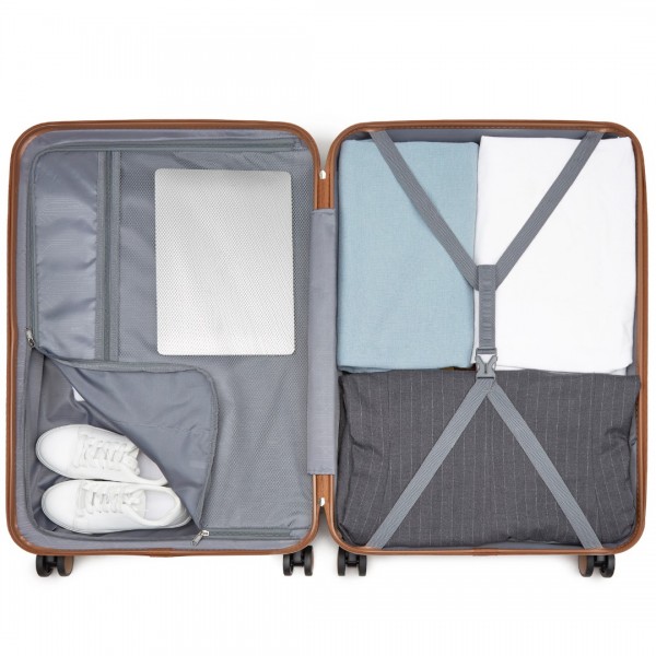 KSK2592 - Kono ABS+PC Striped Design with Colour-Block Details 3-Piece Hardshell Luggage Set with Spinner Wheels - Grey and Brown