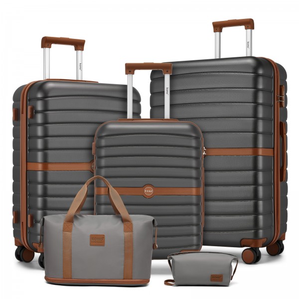 KSK2592+EA2212 - Kono 3‑teiliges ABS+PC‑Koffers‑Set mit Reisetasche & Kulturbeutel ‑ Grau und braun