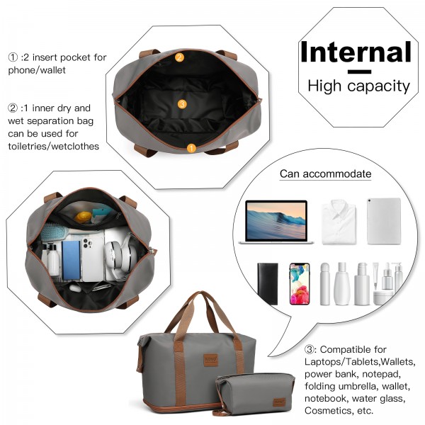 KSK2592+EA2212 - Kono 3‑teiliges ABS+PC‑Koffers‑Set mit Reisetasche & Kulturbeutel ‑ Grau und braun