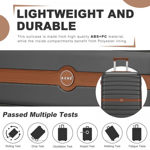KSK2592+EA2212 - Kono 3‑teiliges ABS+PC‑Koffers‑Set mit Reisetasche & Kulturbeutel ‑ Grau und braun