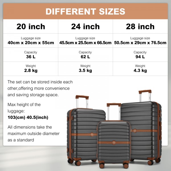 KSK2592+EA2212 - Kono 3‑teiliges ABS+PC‑Koffers‑Set mit Reisetasche & Kulturbeutel ‑ Grau und braun