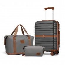 KSK2592+EA2212 - Kono 20 Zoll ABS+PC Hartschalen‑Kabinenkoffer‑Set mit Reisetasche & Kulturbeutel ‑ Grau und Braun