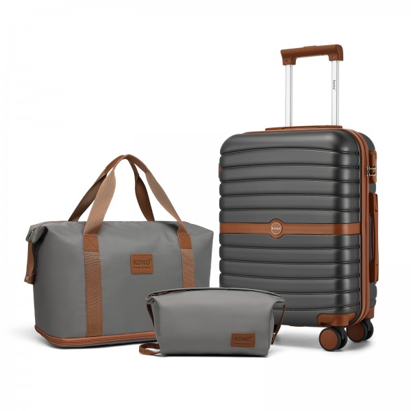 KSK2592+EA2212 - Kono 20 Inch ABS+PC Hard Shell Cabin Suitcase Set with Travel Bag & Toiletry Pouch - Grey and Brown