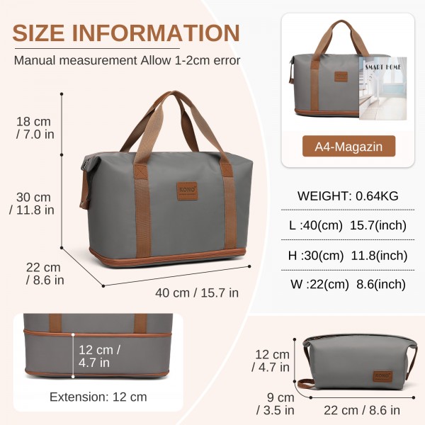 KSK2592+EA2212 - Kono 20 Inch ABS+PC Hard Shell Cabin Suitcase Set with Travel Bag & Toiletry Pouch - Grey and Brown