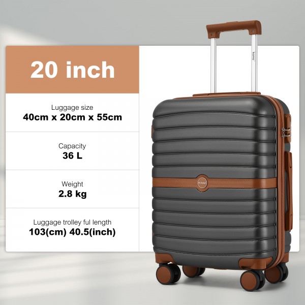 KSK2592+EA2212 - Kono 20 Inch ABS+PC Hard Shell Cabin Suitcase Set with Travel Bag & Toiletry Pouch - Grey and Brown
